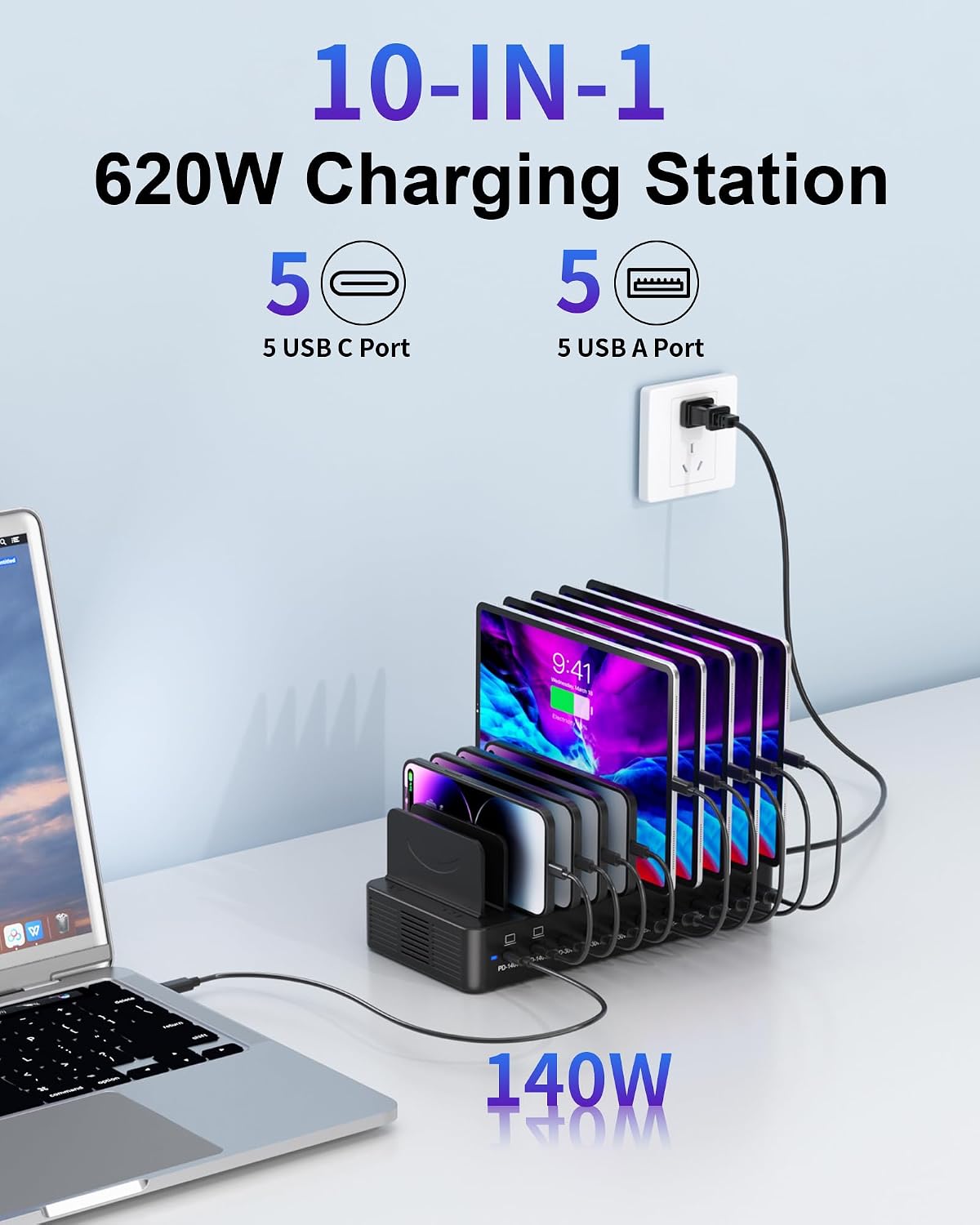 620W Charging Station for Multiple Devices, 10-Port USB C Charger Station - Image 2