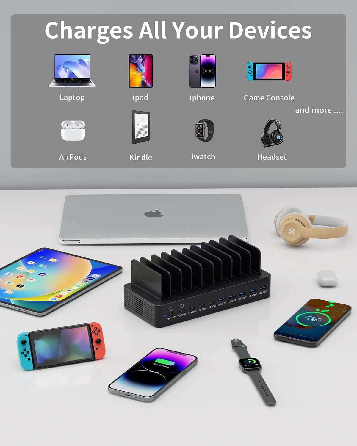 620W Charging Station for Multiple Devices, 10-Port USB C Charger Station - Image 7