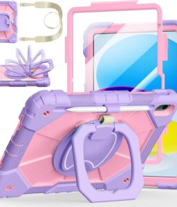 Case for iPad (A16) 11th/10th Generation 11/10.9 Inch 2025/2022, Ubearkk for iPad a16 case with Screen Protector, 360 Degree Rotating Stand Shoulder Strap Pencil Holder,Purple Pink